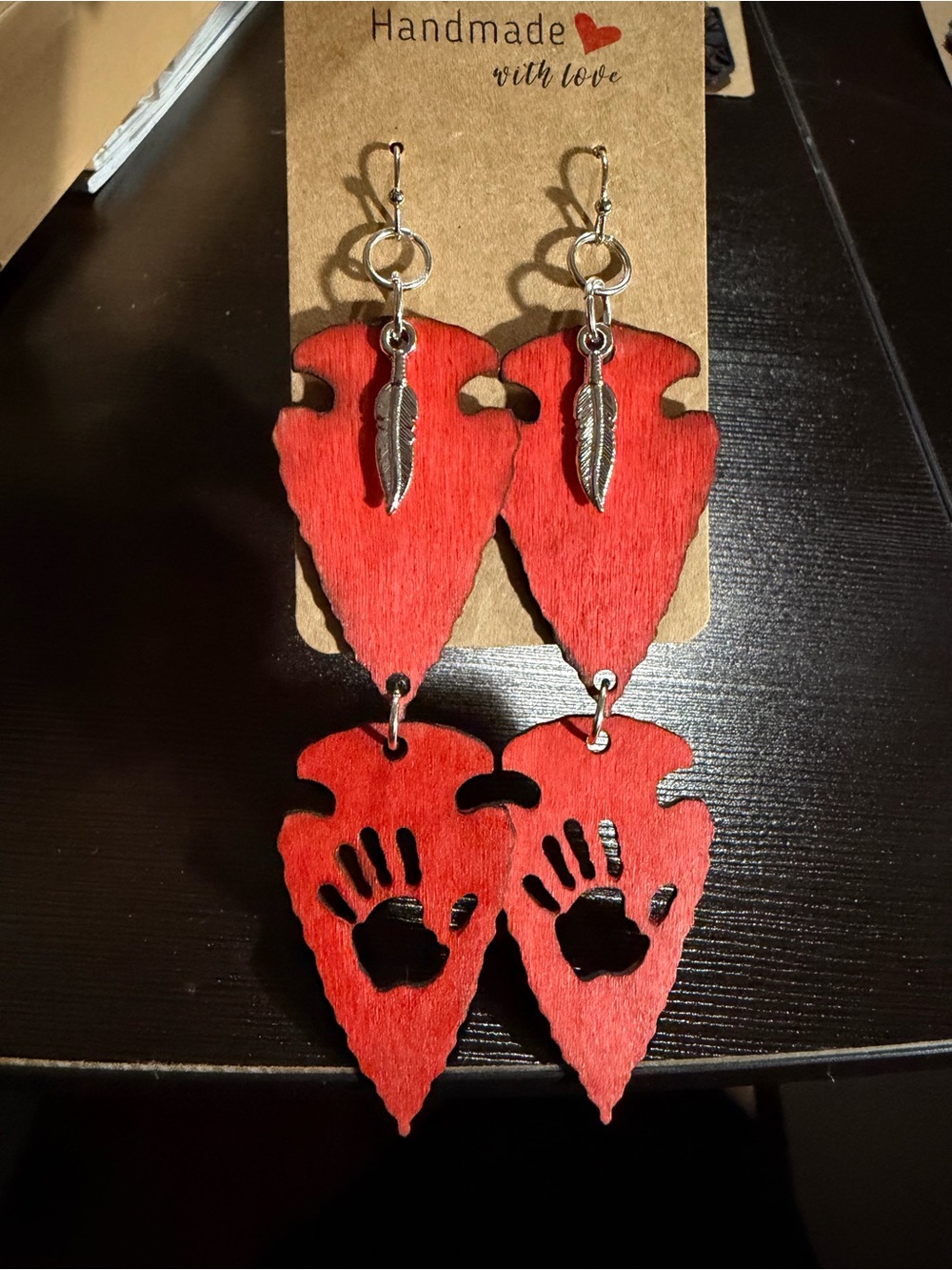 Red Arrowhead MMIW Dangle Earrings with Silver Feather Accent
